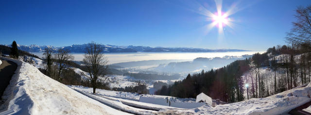 letztes schönes Breitbildfoto mit Blick auf den Zürichsee. Eine sehr schöne Schneeschuhtour geht zu Ende