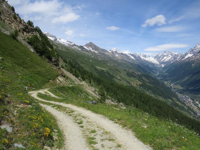 über eine Alpstrasse verlassen wir die Restialp. Tief unter uns rauschen die Züge durch den Lötschbergtunnel