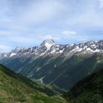 das ganze Lötschental ist ersichtlich. Der Bergkoloss in der Mitte ist das Bietschhorn