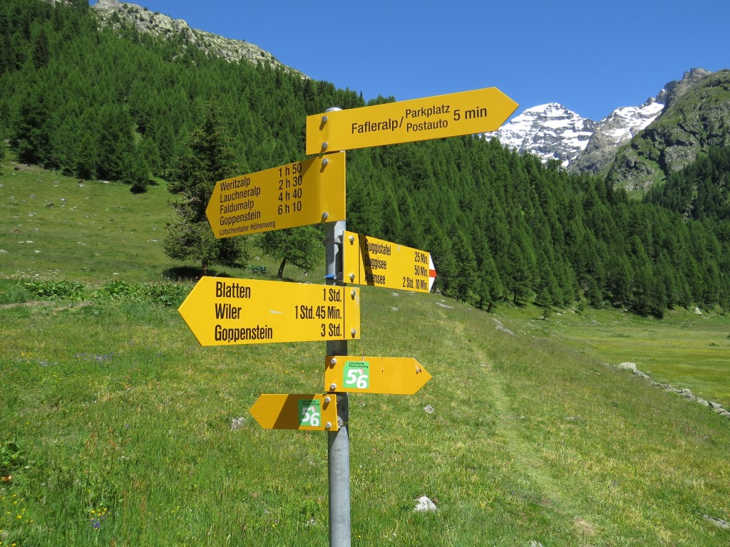 Wegweiser beim grossen Parkplatz auf der Fafleralp