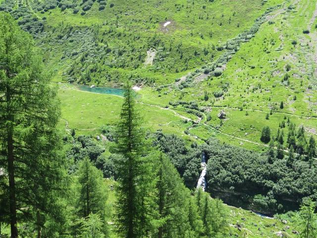 Blick ins Tal der noch jungen Lonza und zum Grundsee. Tief hat sich die Lonza in eine Schlucht gegraben