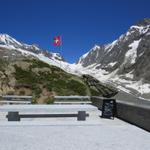 auf der Terrasse der Anenhütte mit Blick auf den Langgletscher