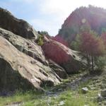 zwischen zwei steilen Felswände führt ein Bergpfad hinauf zur Burghütte