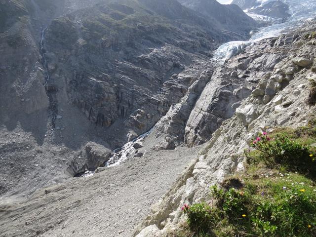 Blick auf die Gletscherzunge des Riedgletschers, der sich über diese Felsstufe zurückgezogen hat