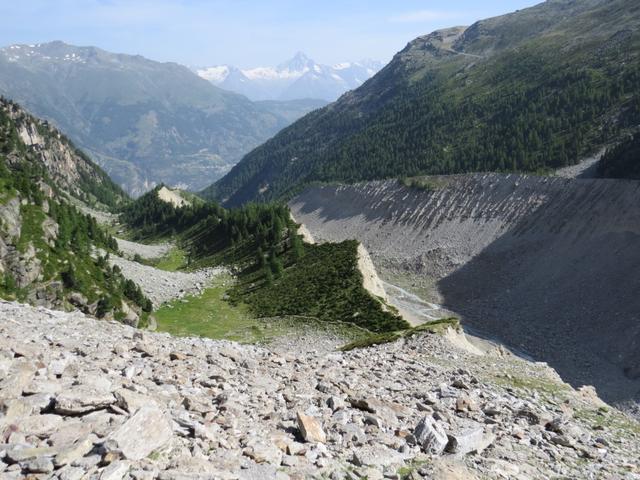 Blick zurück. Links die grünen Weiden von Alpja. Rechts der Gletschertrog. Gut ersichtlich der ehemalige Gletscherrand