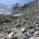 der Gletscher ist hier mit einer dicken Geröllschicht bedeckt