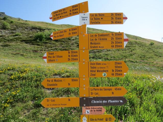 Wegweiser bei der Bergstation der Standseilbahn auf Tignousa 2180 m.ü.M.