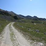 bei der Alp Garboula vorbei, laufen wir über eine Kiesstrasse Richtung Punkt 2433 m.ü.M.