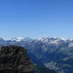 Traumhaft schönes Breitbildfoto mit Bishorn, Weisshorn, Matterhorn, Dent d'Hérens, Dent Blanche, Pigne d'Arolla, Grand Combin