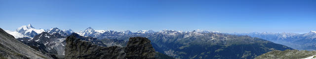 Traumhaft schönes Breitbildfoto mit Bishorn, Weisshorn, Matterhorn, Dent d'Hérens, Dent Blanche, Pigne d'Arolla, Grand Combin
