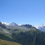 Blick auf Bishorn, Weisshorn, Zinal Rothorn, Matterhorn, Dent d'Hérens und Dent Blanche