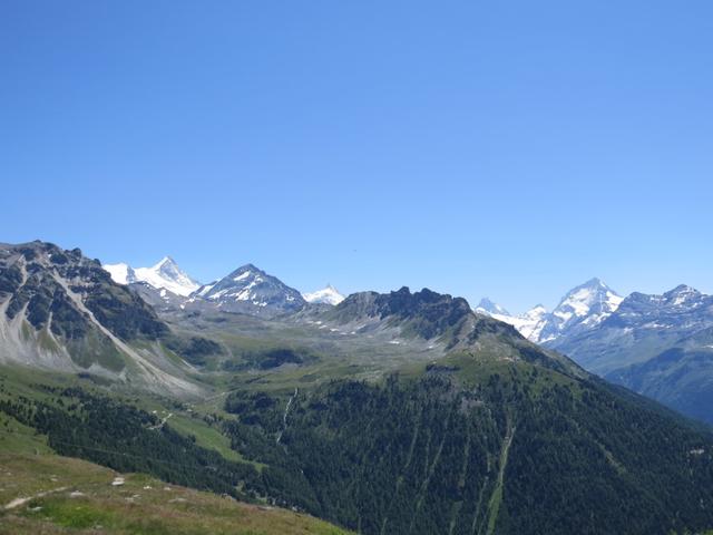 Blick auf Bishorn, Weisshorn, Zinal Rothorn, Matterhorn, Dent d'Hérens und Dent Blanche