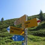 Wegweiser bei der Weggabelung. Weiter geht unsere Wanderung Richtung Lac d'Arpitetta