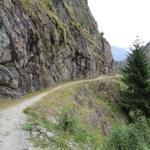 der Wanderweg führt nun direkt an der Felsflanke des Riederhorns vorbei