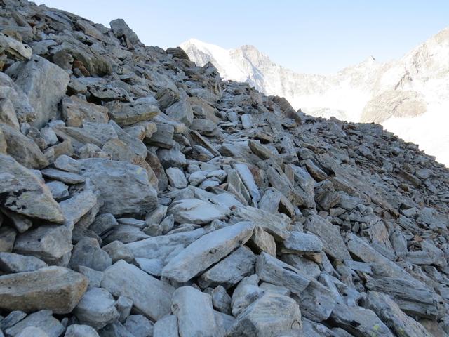 in vielen Kehren und teilweise über Blockwerk, windet sich der Bergweg hinauf