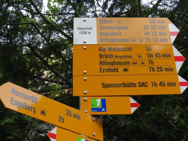 Wegweiser beim Alpenrösli 1258 m.ü.M. unser heutiges Ziel ist die Schlossberglücke