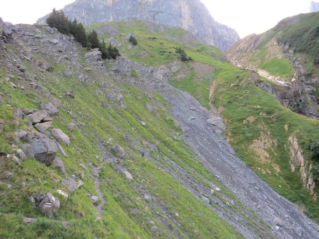 der Bergweg führt nun über einen rutschigen Steilhang der mit Kies bedeckt ist