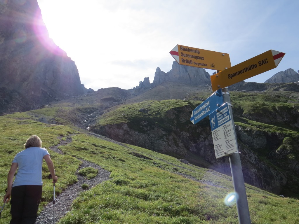 Wegkreuzung kurz nach der Spannorthütte. Der Bergweg ändert nun auf weiss-blau-weiss