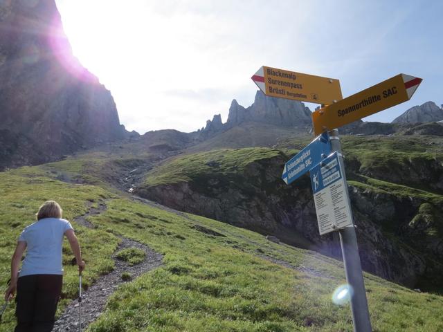 Wegkreuzung kurz nach der Spannorthütte. Der Bergweg ändert nun auf weiss-blau-weiss