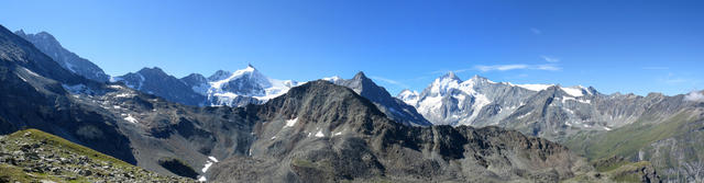 super schönes Breitbildfoto mit Weisshorn, Schalihorn, Zinalrothorn, Besso, Pointe de Zinal, Dent Blanche und Grand Cornier