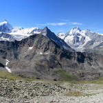 super schönes Breitbildfoto mit Weisshorn, Schalihorn, Zinalrothorn, Besso, Pointe de Zinal, Dent Blanche und Grand Cornier