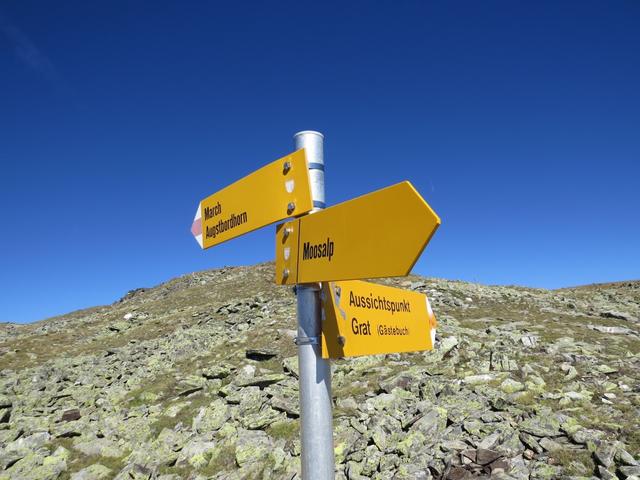 Wegweiser bei der Weggabelung. Wir lassen die March rechts liegen und wandern weiter geradeaus