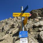 Wegweiser bei der Beverinlücke 2826 m.ü.M. wir wandern weiter aufwärts zum Piz Beverin