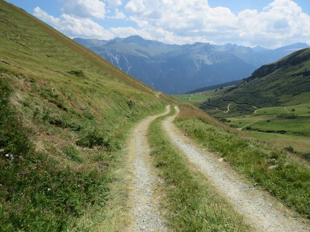 hier überqueren wir den kleinen Bach beim Val da Larisch und laufen nun über eine Kiesstrasse...