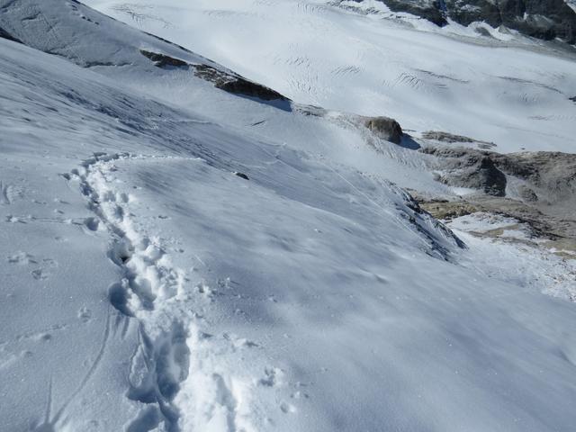 über eine grosse Kehre verlieren wir an Höhe. Der Schnee ist schwer und nass