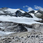 die Landschaft ist gestaltet mit farbigem Gestein, Sand, Felsen, Schnee, Gletscher und frisch entstandenen Seen im Eis