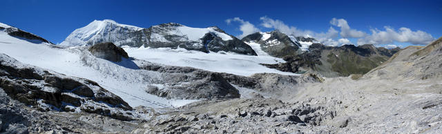 die Landschaft ist gestaltet mit farbigem Gestein, Sand, Felsen, Schnee, Gletscher und frisch entstandenen Seen im Eis