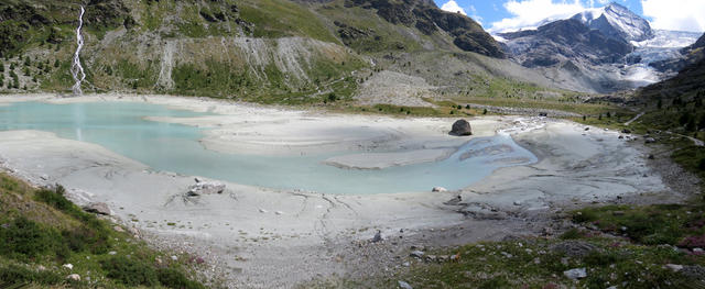 bei Punkt 2185 m.ü.M. mit Blick zum Turtmannsee, biegen wir in eine Fahrstrasse ein