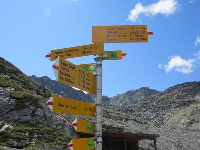 Wegweiser bei Punkt 2624 m.ü.M. Hier biegen wir links ab Richtung Cabane de Prafleuri