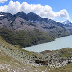 was für eine traumhafte Aussicht! der türkisgrüne Lac des Dix, Aiguilles Rouges d'Arolla und Mont Blanc de Cheilon