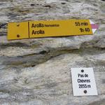 Wegweiser auf dem Pas de Chèvres (Geisspass) 2855 m.ü.M. unser Tagesziel Arolla rückt näher