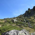 hier dreht der Bergweg nach links und führt in Serpentinen über einen Grashang zu einer Kanzel bei Punkt 2474 m.ü.M. hinauf