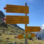 Wegweiser bei Punkt 2474 m.ü.M. Hier auf diesem Wiesenplateau ist der Blick noch umfassender