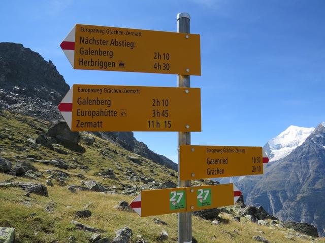 Wegweiser bei Punkt 2474 m.ü.M. Hier auf diesem Wiesenplateau ist der Blick noch umfassender