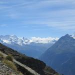 wie eine Perlenkette schön aufgereiht: die Zwillinge Castor und Pollux, danach Breithorn, Klein Matterhorn und das Matterhorn