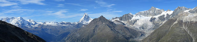 sehr schönes Breitbildfoto: Breithorn, Klein Matterhorn, Matterhorn, Mettelhorn, Zinalrothorn und Weisshorn