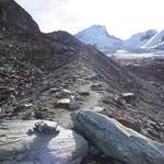 von der Hütte folgt man erst klaren, dann weniger ersichtlichen Wegspuren ostwärts einer Seitenmoräne des Festigletscher