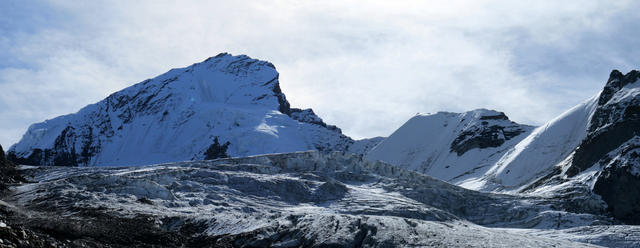 Breitbildfoto mit Festigletscher und Dom. Der Dom ist der höchste Gipfel des Mischabelmassivs