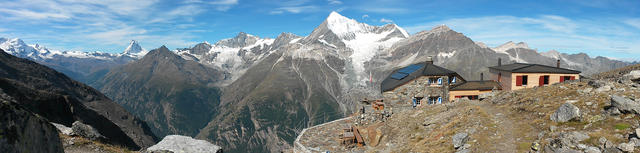 super schönes Breitbildfoto mit Domhütte und ein grandioses Bergpanorama