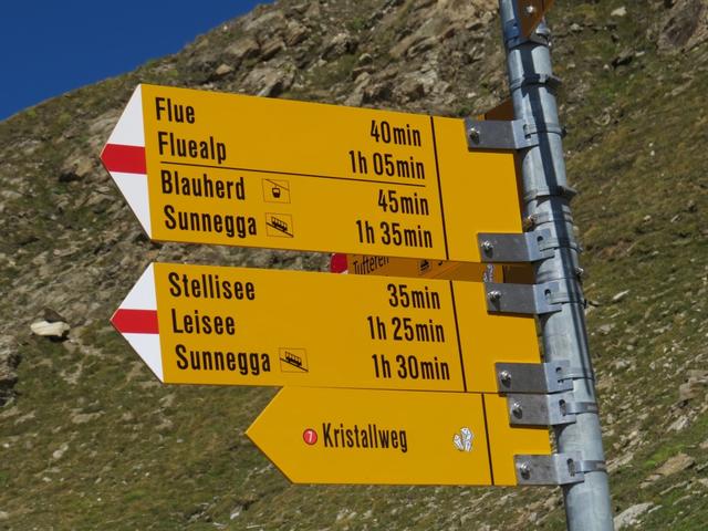 Wegweiser bei Furggji 2980 m.ü.M., hier biegen wir links ab Richtung Fluhalp