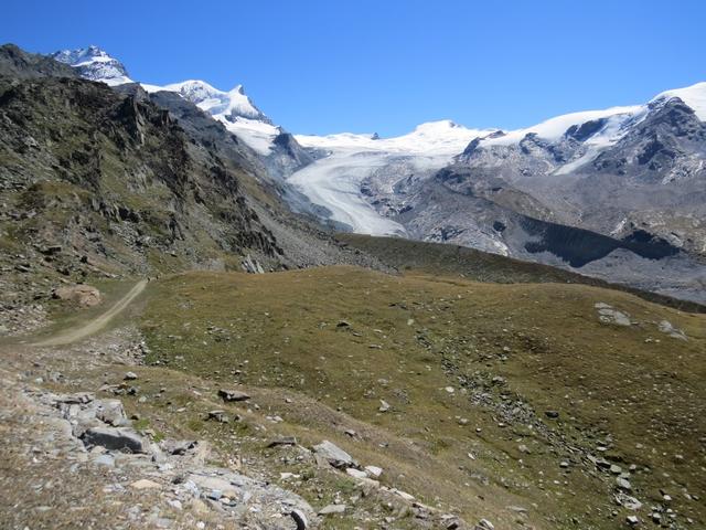 vor uns öffnet sich der hinterste Talkessel. Der Findelgletscher hat sich nach Osten...