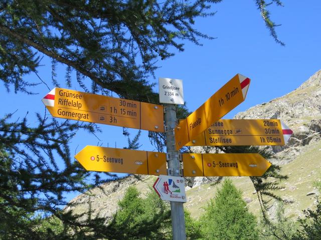 Wegweiser beim Grindjisee 2334 m.ü.M. Weiter geht unsere Wanderung diesmal zum Grünsee