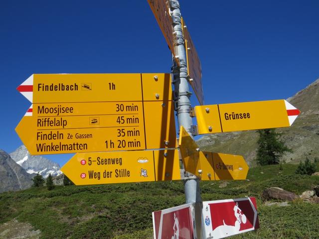 Wegweiser beim Grünsee 2300 m.ü.M. unser Tagesziel die Riffelalp, rückt näher