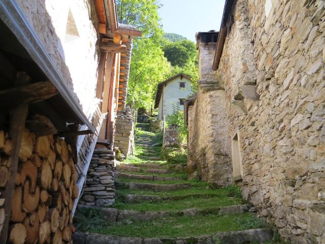 der Weg führt zwischen den Rustici weiter hinein ins Val di Prato, nach Schièd