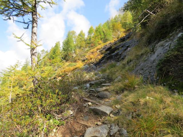 der Weg führt nun einen Richtungswechsel durch und klettert im Zickzack zu einem Felssockel hinauf