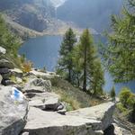 über grosse Felsbrocken führt der Bergweg hinunter zum See